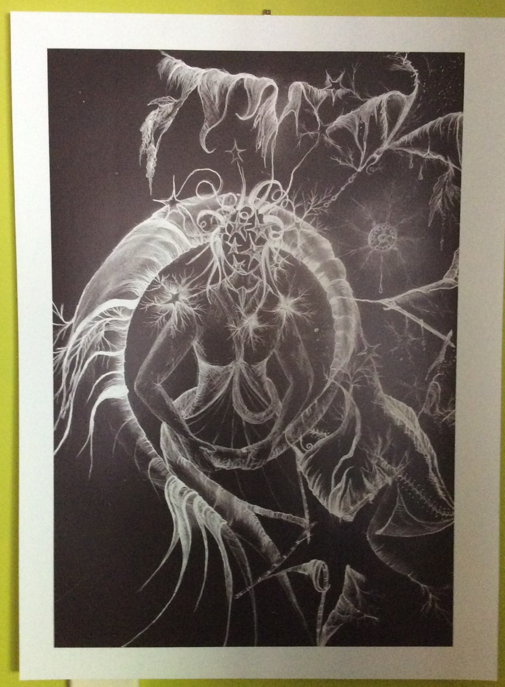 Light of her own, image by Sandy Skinner author and artist of Journey to Beautiful. Woman standing within the spiral of a light tail in the stars, folds of light softly coming out from the spiral. A hollow circle semi-illumined in the background beckoning the looker to find the truth within.