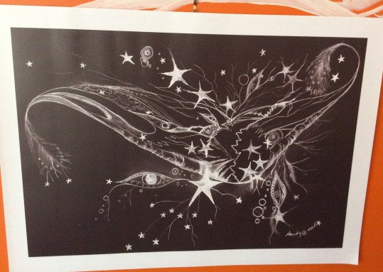 White image on black background, printed in a photographic style the image is of an abstracted paper plane embellished with eyes and stars and soft folds.