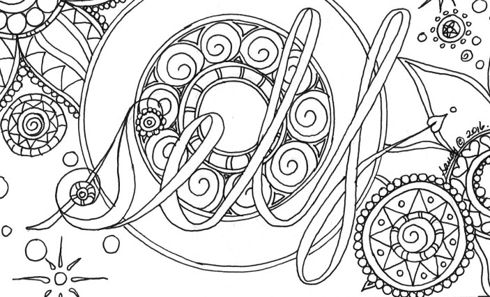 black and white drawing by Sandy Skinner author/illustrator of Journey to Beautiful; depicts the word self which can be adorned with colour imposed upon a background of concentric circles