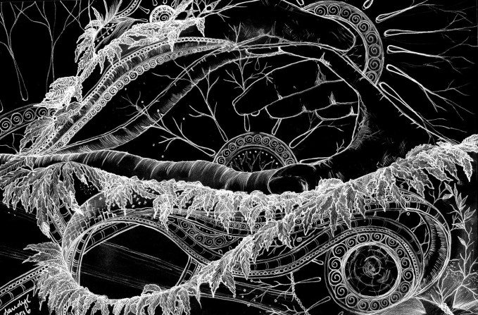 memories and patterns, an image of white on black drawn by Sandy Skinner (artist, all rights reserved) depicting hands opening layers of lines to reveal circles similar to one another representing memories, purpose, values, things we hold close.